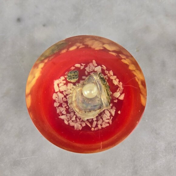 Vintage Open Clam with Pearl Lucite Encased Paperweight Red Base Made in Japan - Picture 1 of 9